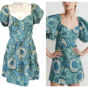 NWT Sz M House of Harlow 1960 Blue Green Linenblend Mini Dress